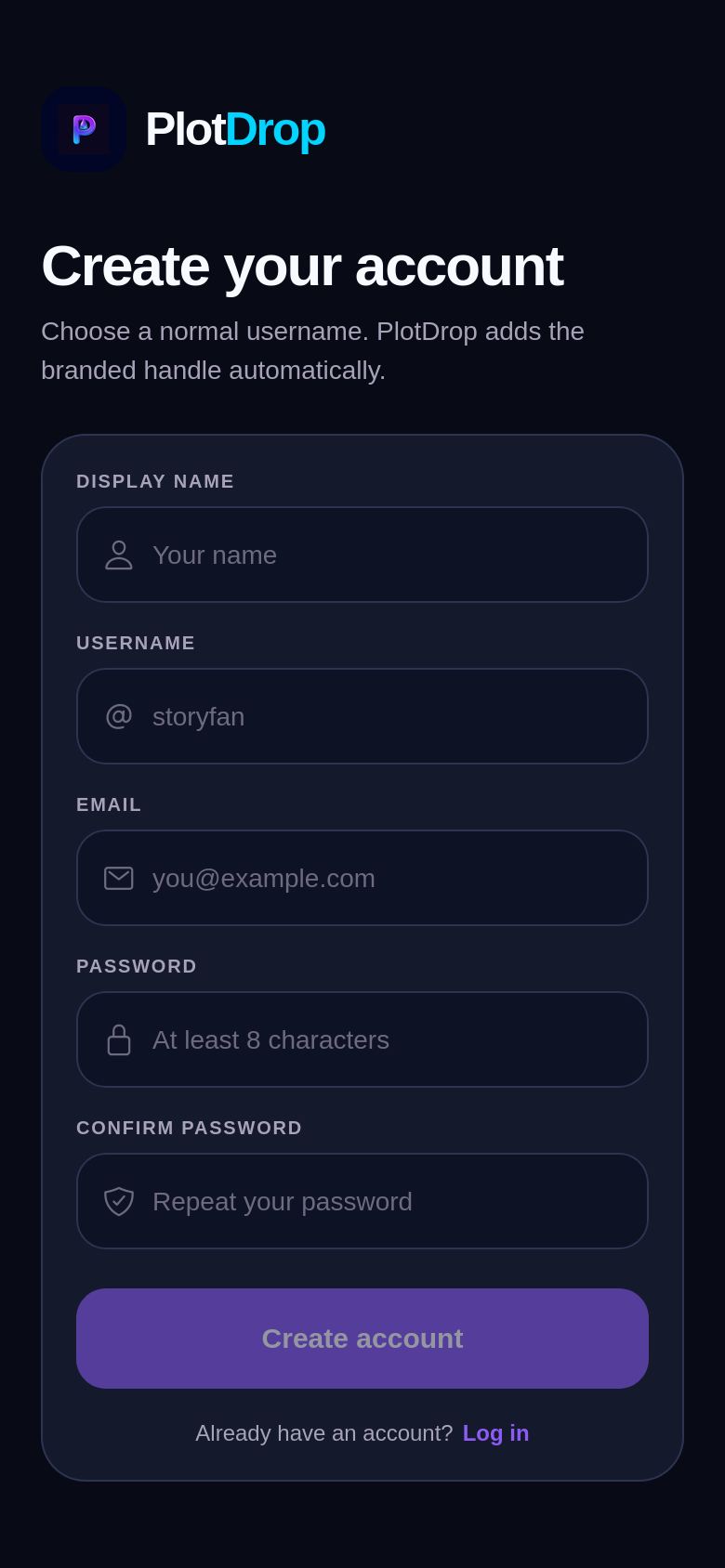 PlotDrop create-account screen (real capture from the app)
