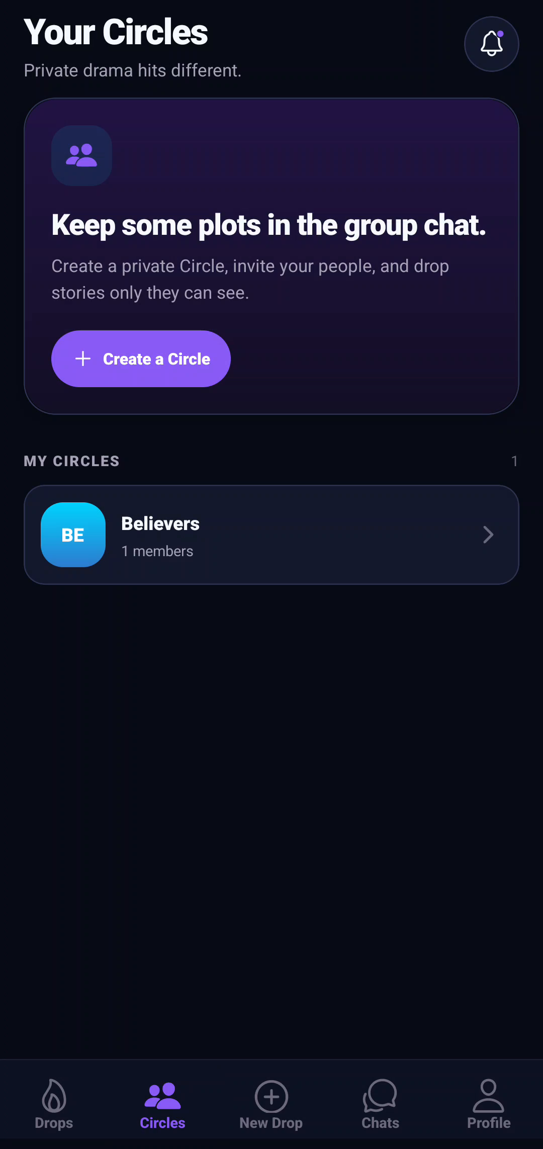 Your Circles screen with the Believers circle (real capture from the app)