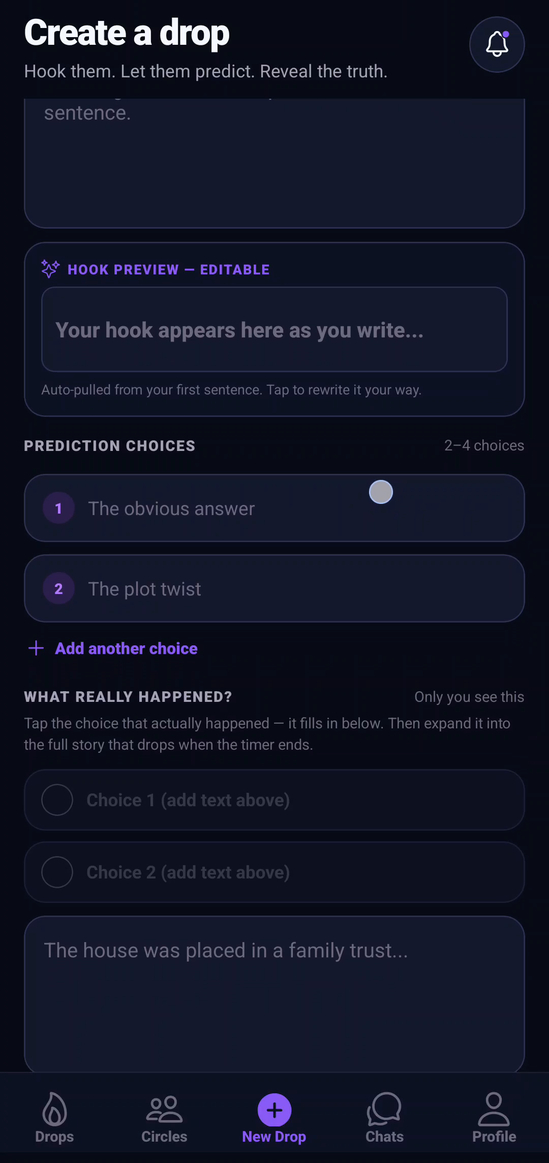 Create a drop composer - story, prediction choices, and what really happened (real capture from the app)