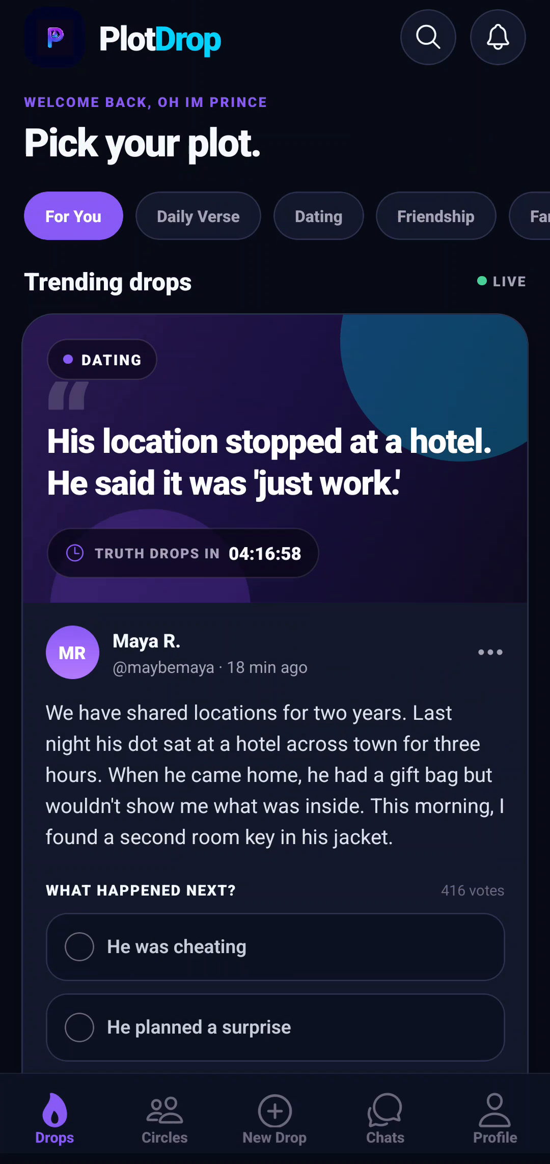 PlotDrop home feed - Pick your plot, trending drops (real capture from the app)