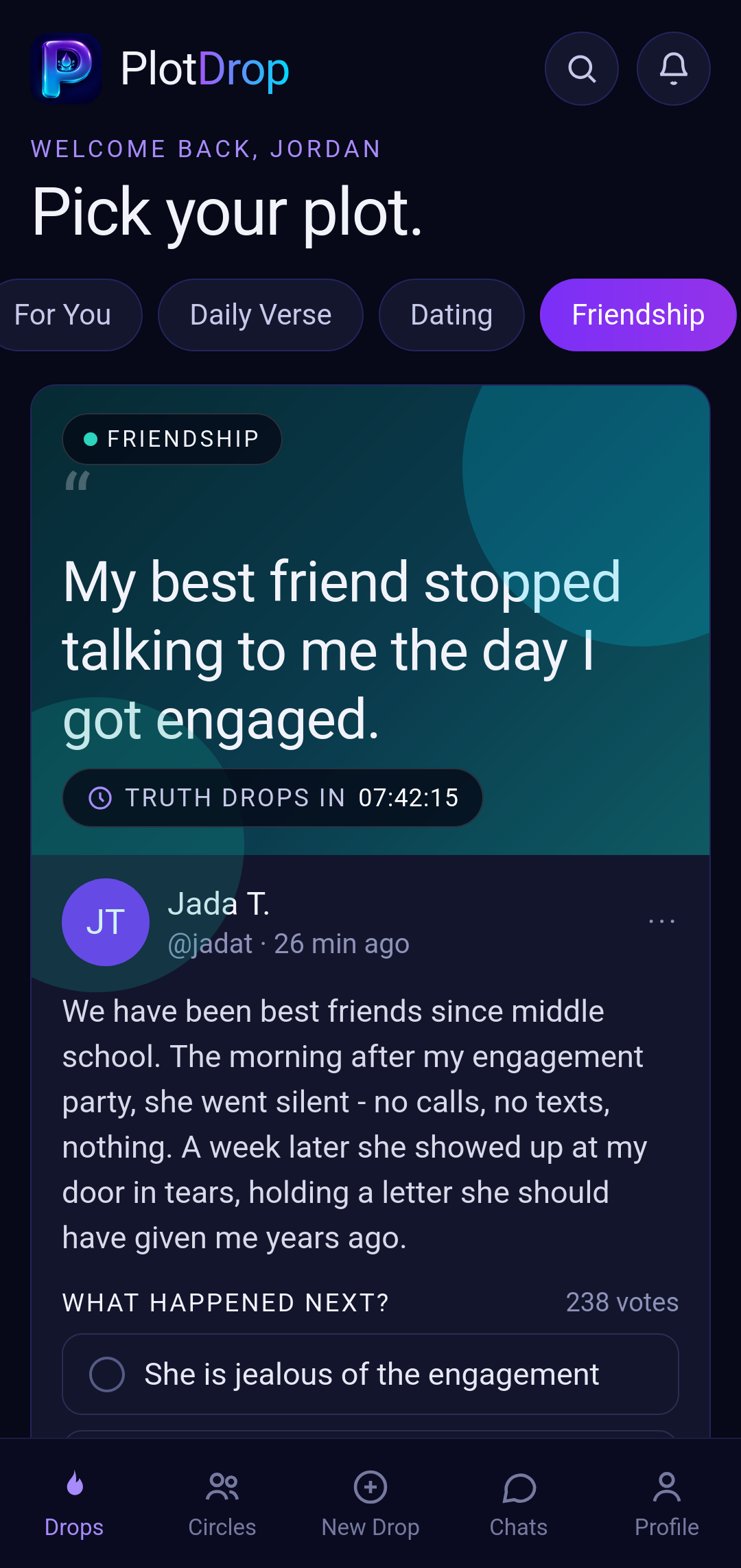 Friendship category feed with a sample drop (interface as in the app)