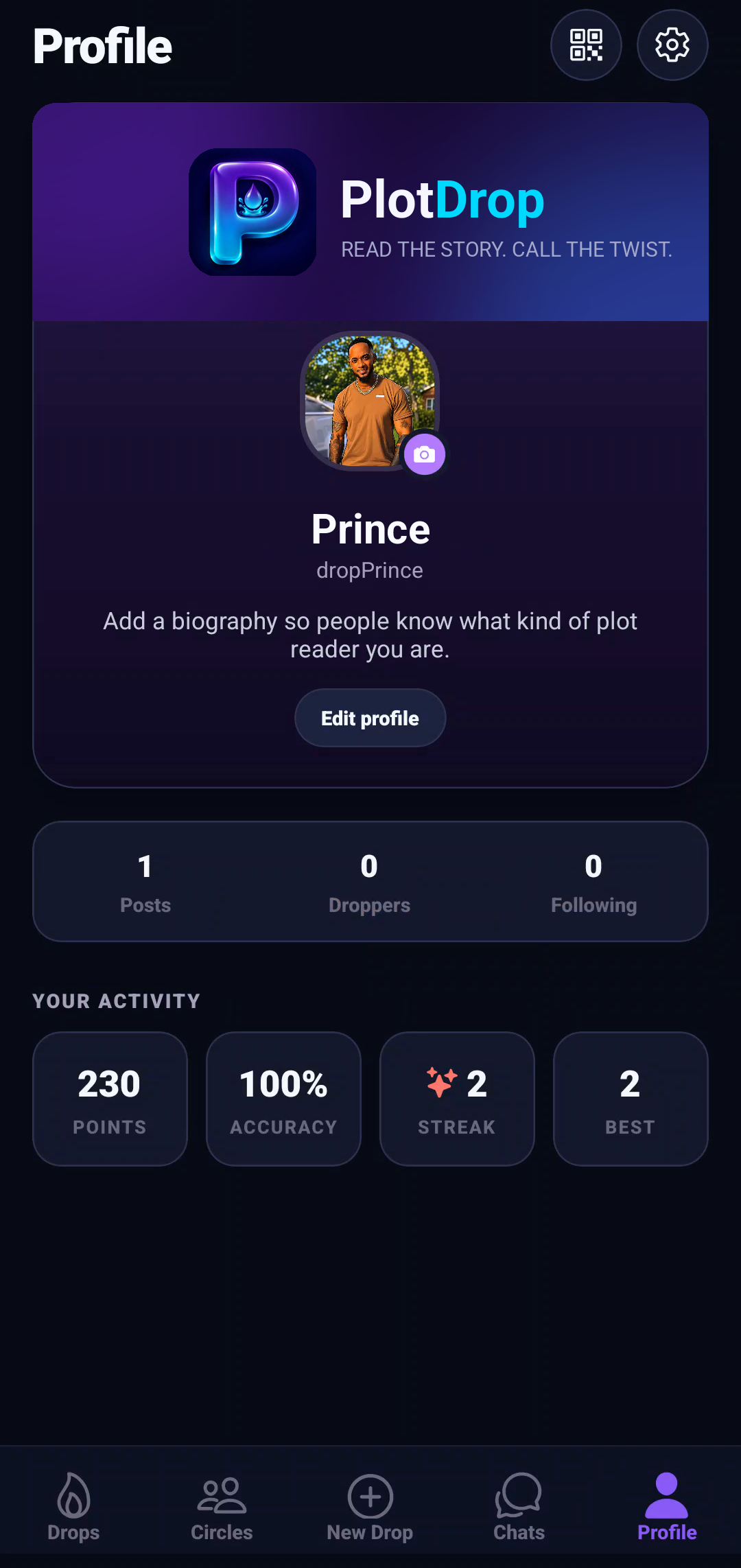 Profile screen - points, accuracy, and streak live on every profile (real capture from the app)