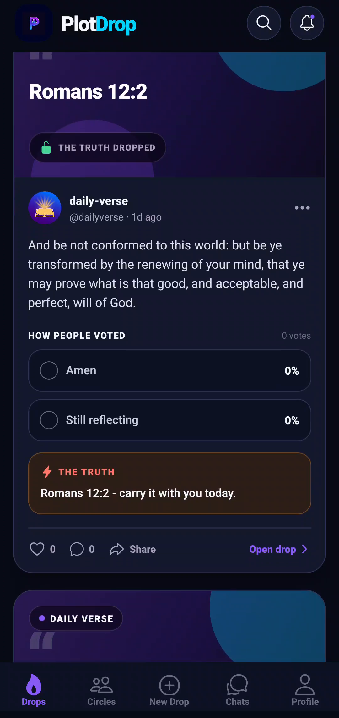 A revealed drop - THE TRUTH DROPPED, how people voted, and THE TRUTH panel (real capture from the app)