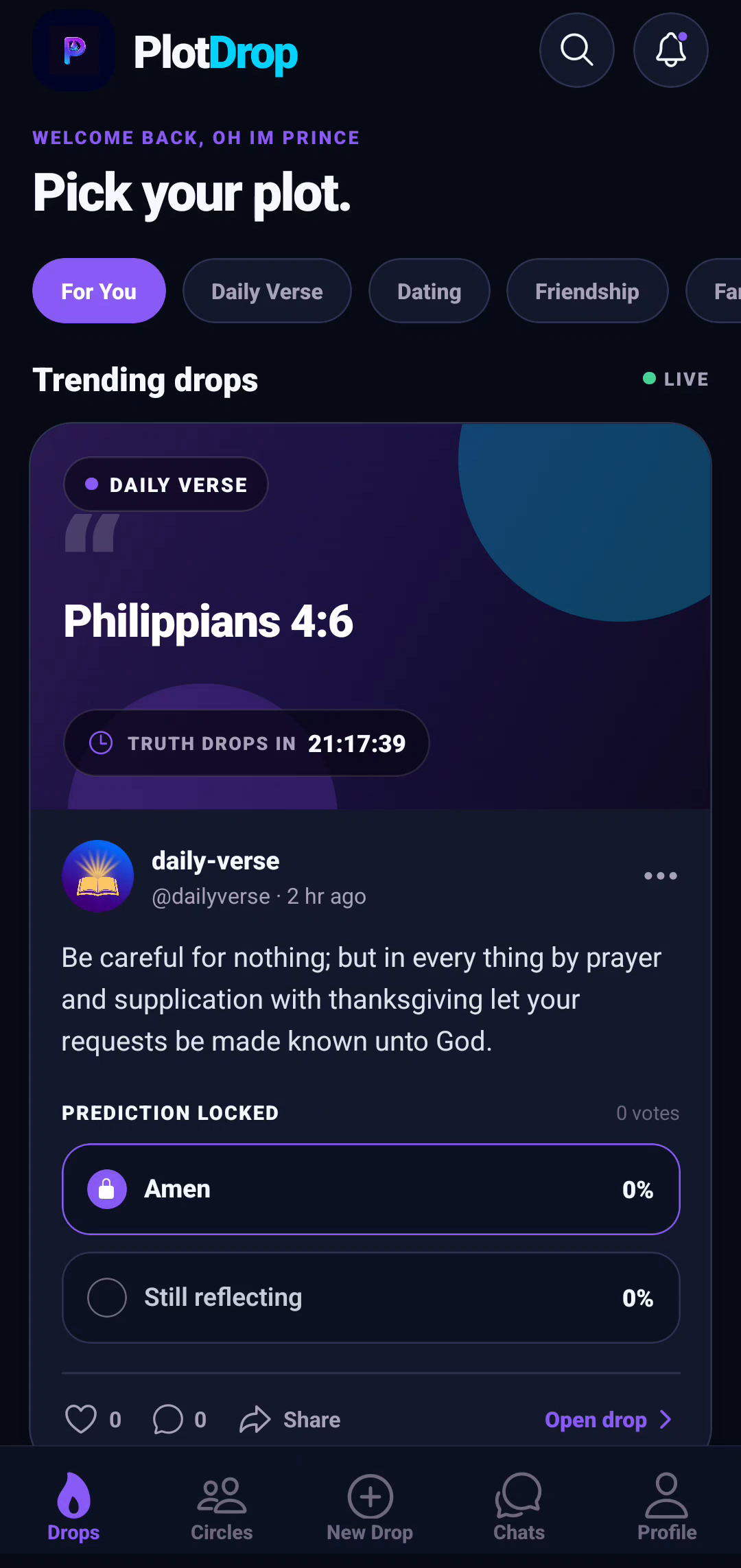 Daily Verse drop - Philippians 4:6 with countdown and locked prediction (real capture from the app)